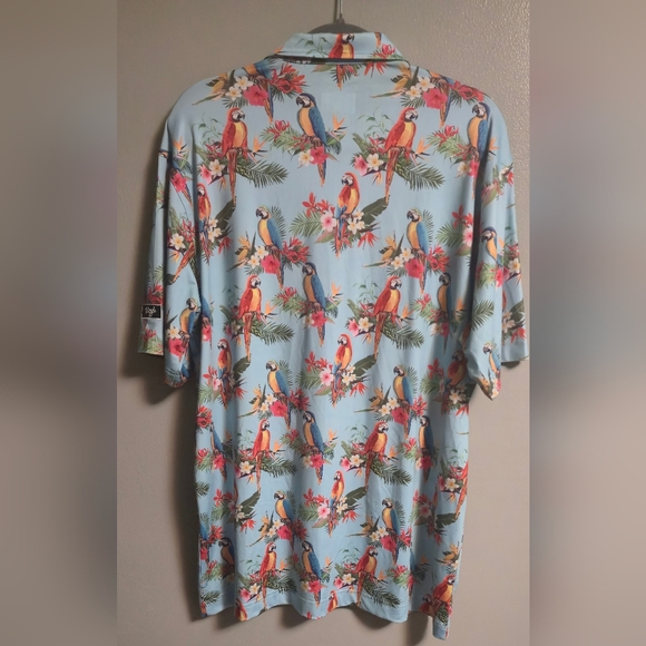 Waggle Golf Polo Shirt Mens XL Blue Parrot Flowers AOP Performance Stretch Wick - Picture 7 of 7